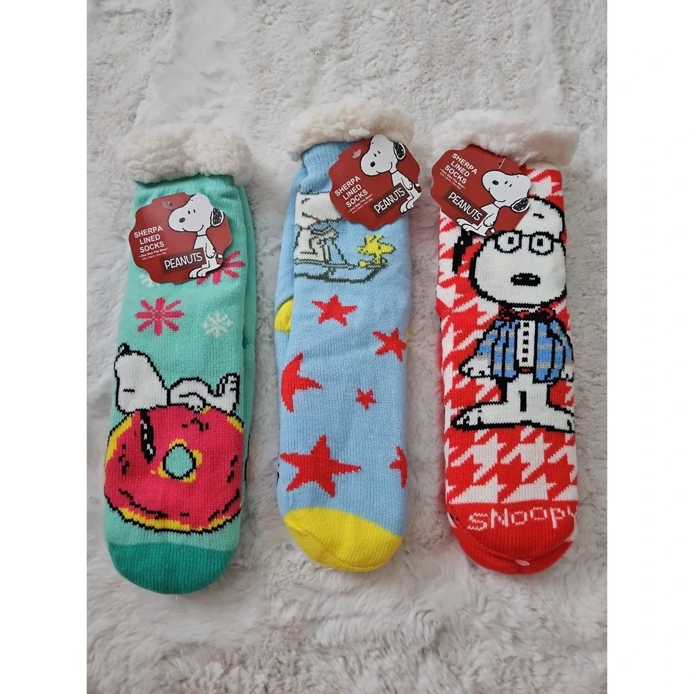 PEANUTS Snoopy Sherpa Lined Slipper Socks Lot of 3 Christmas Holiday NWT OSTR